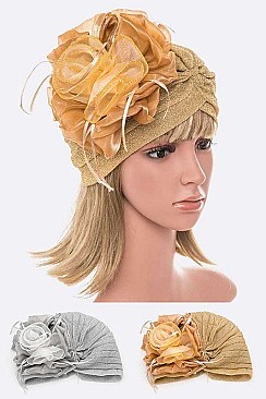 PACK OF 12 METALLIC ORGANZA FLOWER TURBAN HAT SET