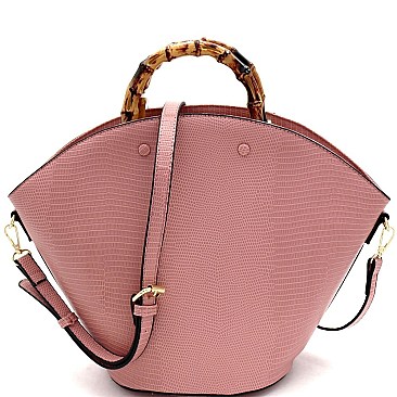 2-Way Bamboo Handle Accent Lizard Print Fan Satchel