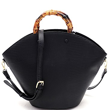 2-Way Bamboo Handle Accent Lizard Print Fan Satchel