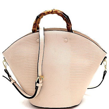 2-Way Bamboo Handle Accent Lizard Print Fan Satchel