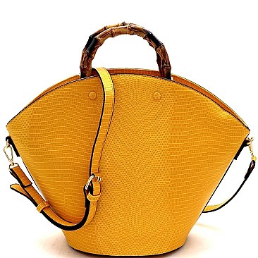2-Way Bamboo Handle Accent Lizard Print Fan Satchel