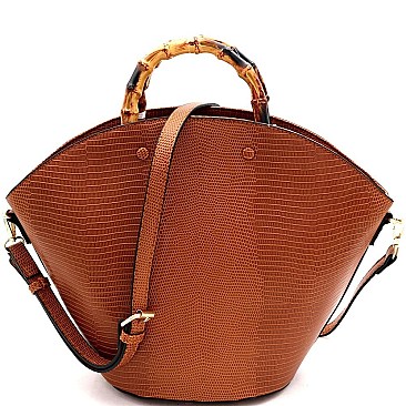 2-Way Bamboo Handle Accent Lizard Print Fan Satchel