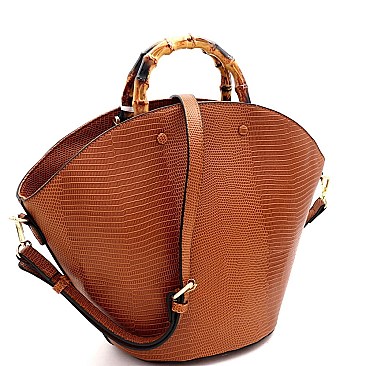 2-Way Bamboo Handle Accent Lizard Print Fan Satchel