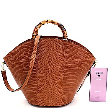 2-Way Bamboo Handle Accent Lizard Print Fan Satchel