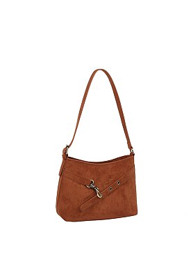 Faux Suede Belted Shoulder Bag