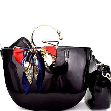 DX0038-LP Scarf Bow Accent 3 in 1 Patent Metal Handle Half-Moon Satchel SET