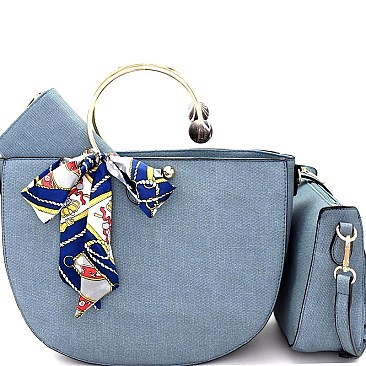 DX0041-LP Quality Scarf Bow Accent 3 in 1 Metal Handle Half-Moon Satchel SET