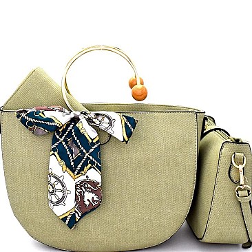DX0041-LP Quality Scarf Bow Accent 3 in 1 Metal Handle Half-Moon Satchel SET