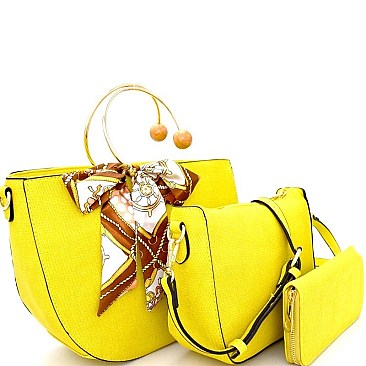 DX0041-LP Quality Scarf Bow Accent 3 in 1 Metal Handle Half-Moon Satchel SET