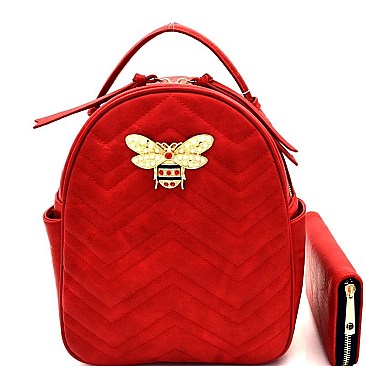 Rhinestone Bee Charm Chevron Quilted Backpack Wallet SET MH-DX0057W