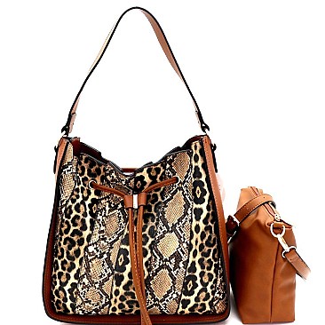 2 in 1 Leopard Snake Print Patchwork Drawstring Hobo
