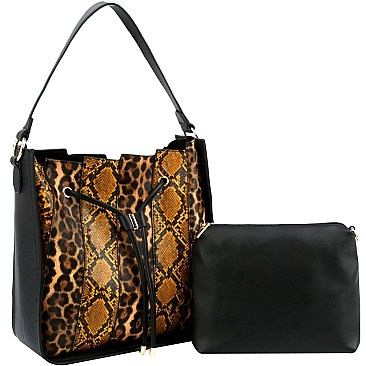 2 in 1 Leopard Snake Print Patchwork Drawstring Hobo
