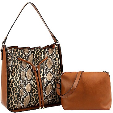 2 in 1 Leopard Snake Print Patchwork Drawstring Hobo