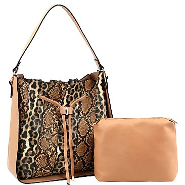 2 in 1 Leopard Snake Print Patchwork Drawstring Hobo