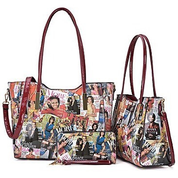 Obama Magazine Print Patent 3 Pcs Tote Wallet Set