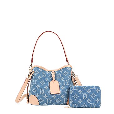 2-in-1 Printed Denim Shoulder Bag w Wallet