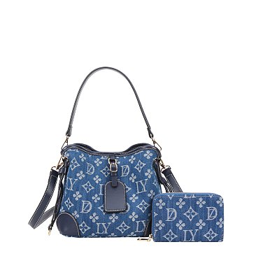 2-in-1 Printed Denim Shoulder Bag w Wallet