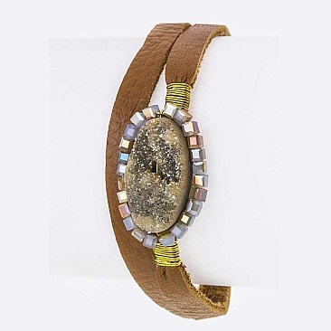 Beaded Druzy Wrapped Leather Bracelet LA-BR585