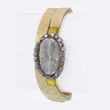 Beaded Druzy Wrapped Leather Bracelet LA-BR585