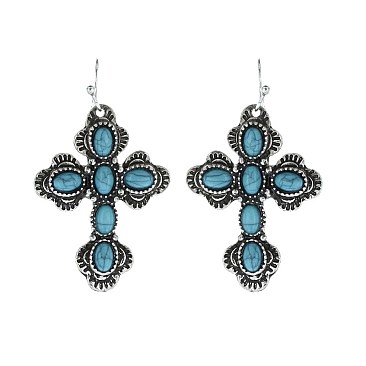 Fashionable Cross with Tq Stone Hook Earring SLE0267