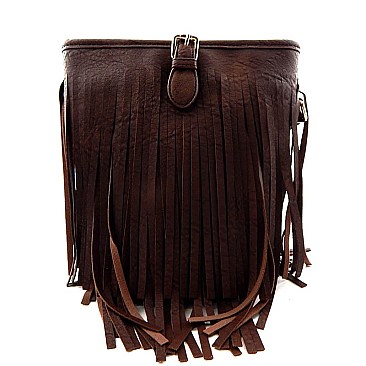 E090-LP Fringed Buckle Accent Bucket Cross Body Messenger