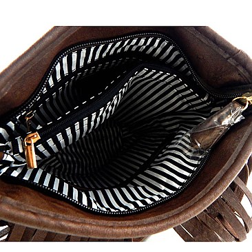 E090-LP Fringed Buckle Accent Bucket Cross Body Messenger