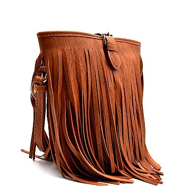 E090-LP Fringed Buckle Accent Bucket Cross Body Messenger