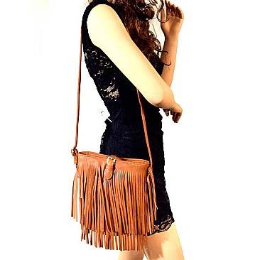 E090-LP Fringed Buckle Accent Bucket Cross Body Messenger