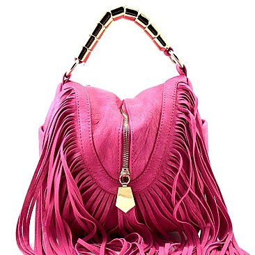 Metal Ring Decorated Handle Fringe Style Satchel/Messenger Bag