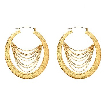 Trendy Textured Metal Hoop With Draped Chains Fashion Earrings SLE1392