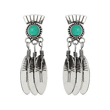 Fashionable Handmade Turquoise Feather Drop Earrings SLE1762