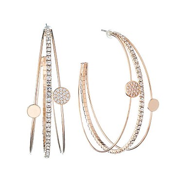 CZ AND METAL 3-LINE HOOP EARRINGS