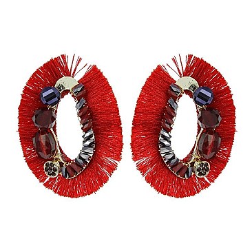 GEM TASSEL OVAL HOOP EARRINGS