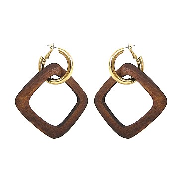REC WOOD DROP METAL HOOP EARRING
