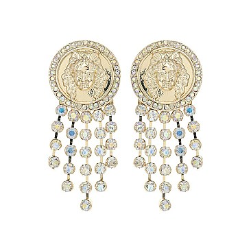 RHINESTONE TASSELS LION HEAD EARRING