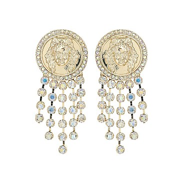 RHINESTONE TASSELS LION HEAD EARRING