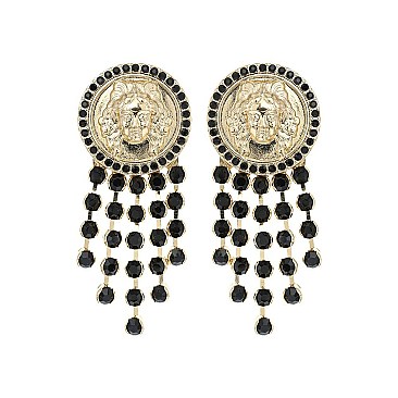 RHINESTONE TASSELS LION HEAD EARRING