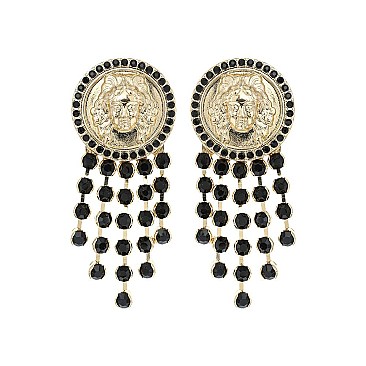 RHINESTONE TASSELS LION HEAD EARRING