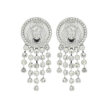 RHINESTONE TASSELS LION HEAD EARRING