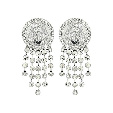 RHINESTONE TASSELS LION HEAD EARRING