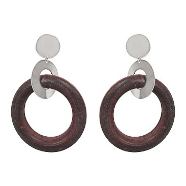 WOOD HOOP METAL EARRING