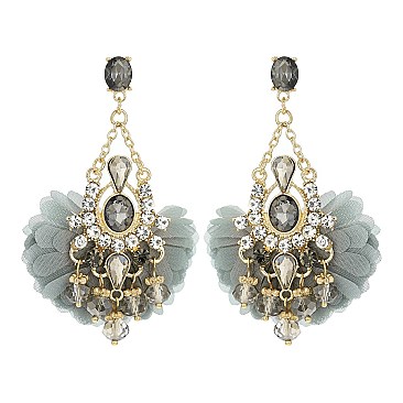 FABRIC PETALS DANGLY RHINESTONE EARRING