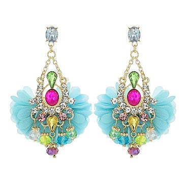 FABRIC PETALS DANGLY RHINESTONE EARRING