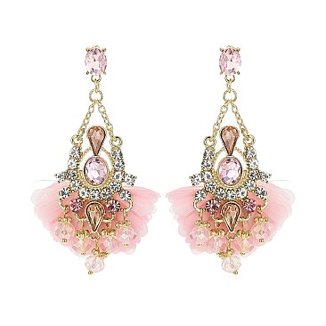 FABRIC PETALS DANGLY RHINESTONE EARRING
