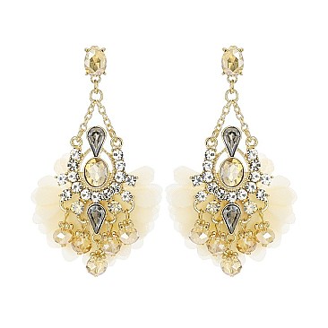 FABRIC PETALS DANGLY RHINESTONE EARRING