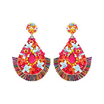 FLOWER DROP AND TASSELS BEADED EARRING