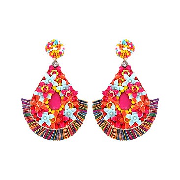 FLOWER DROP AND TASSELS BEADED EARRING