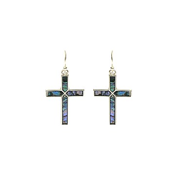 ABALONE CROSS FISH HOOK EARRING