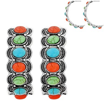 WESTERN STYLE TURQUOISE HALF CIRCLE HOOP EARRINGS