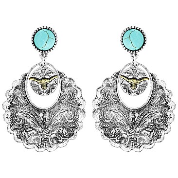 FASHION STEER SKULL WESTERN STYLE TURQUOISE DANGLE EARRINGS